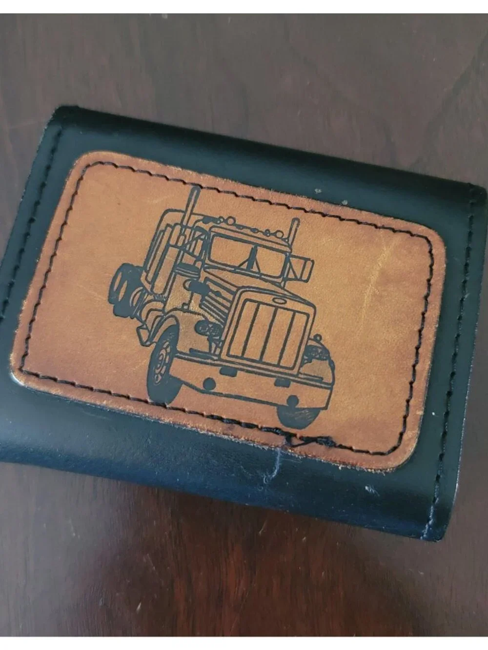 Vintage Black Leather Tri Fold Wallet With Semi Truck Embossed Image